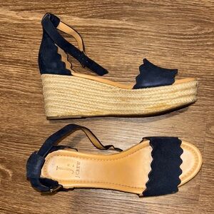 J. Crew Navy Scalloped Suede Espadrille Wedges, Size 7.5